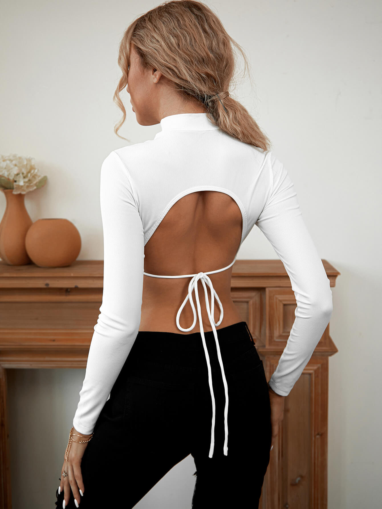 Cutout Tie-Back Mock Neck Cropped Top
