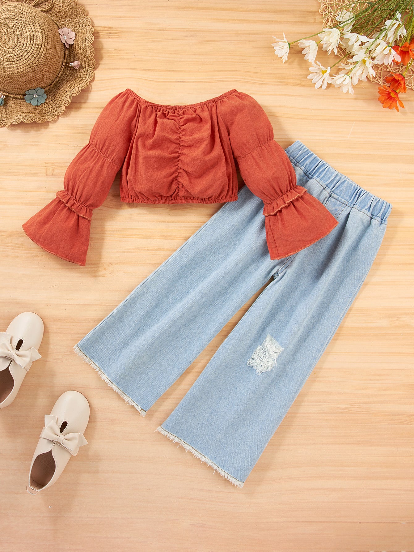 Girls Flared Sleeve Crop Top and Wide Leg Jeans Set