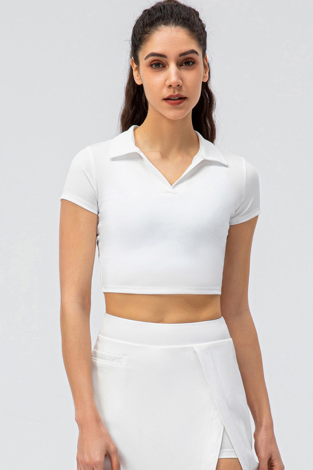 Cropped Short Sleeve Collared Yoga Top