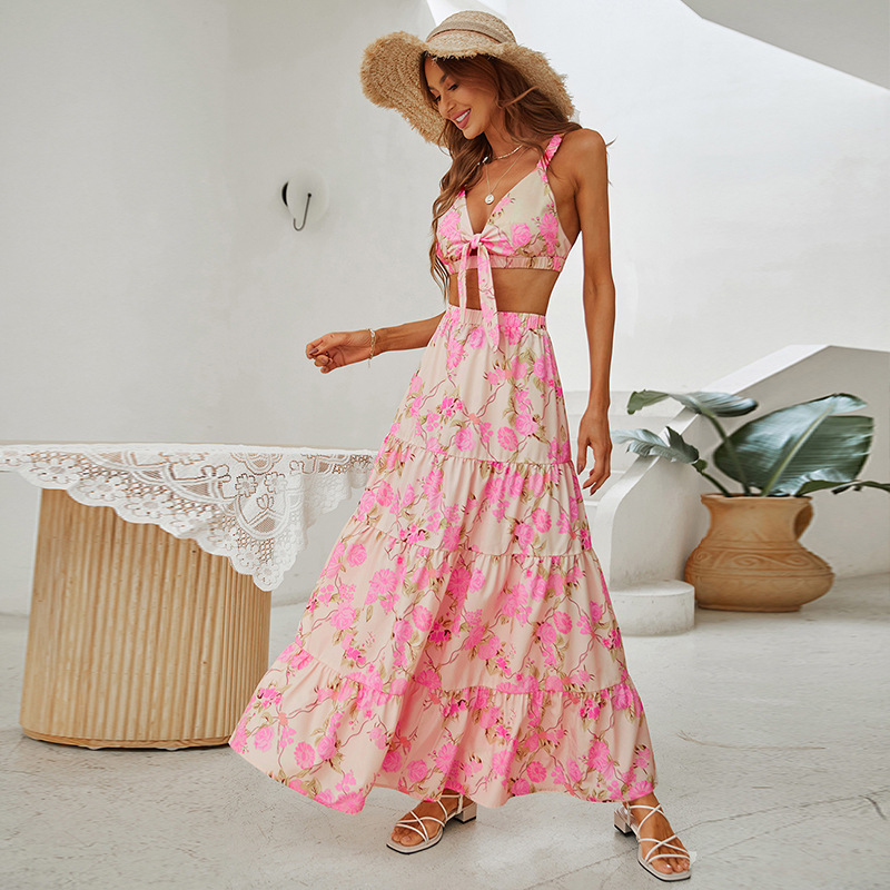 Sexy Floral Front Tie Bralette and Tiered Maxi Swing Skirt Set