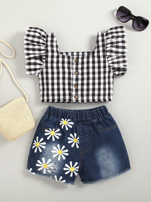 Girls Gingham Flutter Sleeve Top and Floral Denim Shorts Set