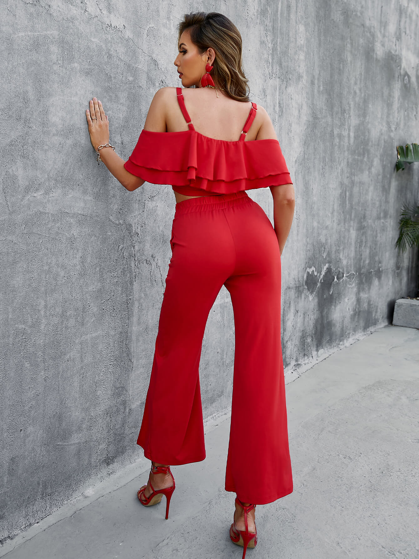 Ruffled Cropped Cami and Slit Pants Set