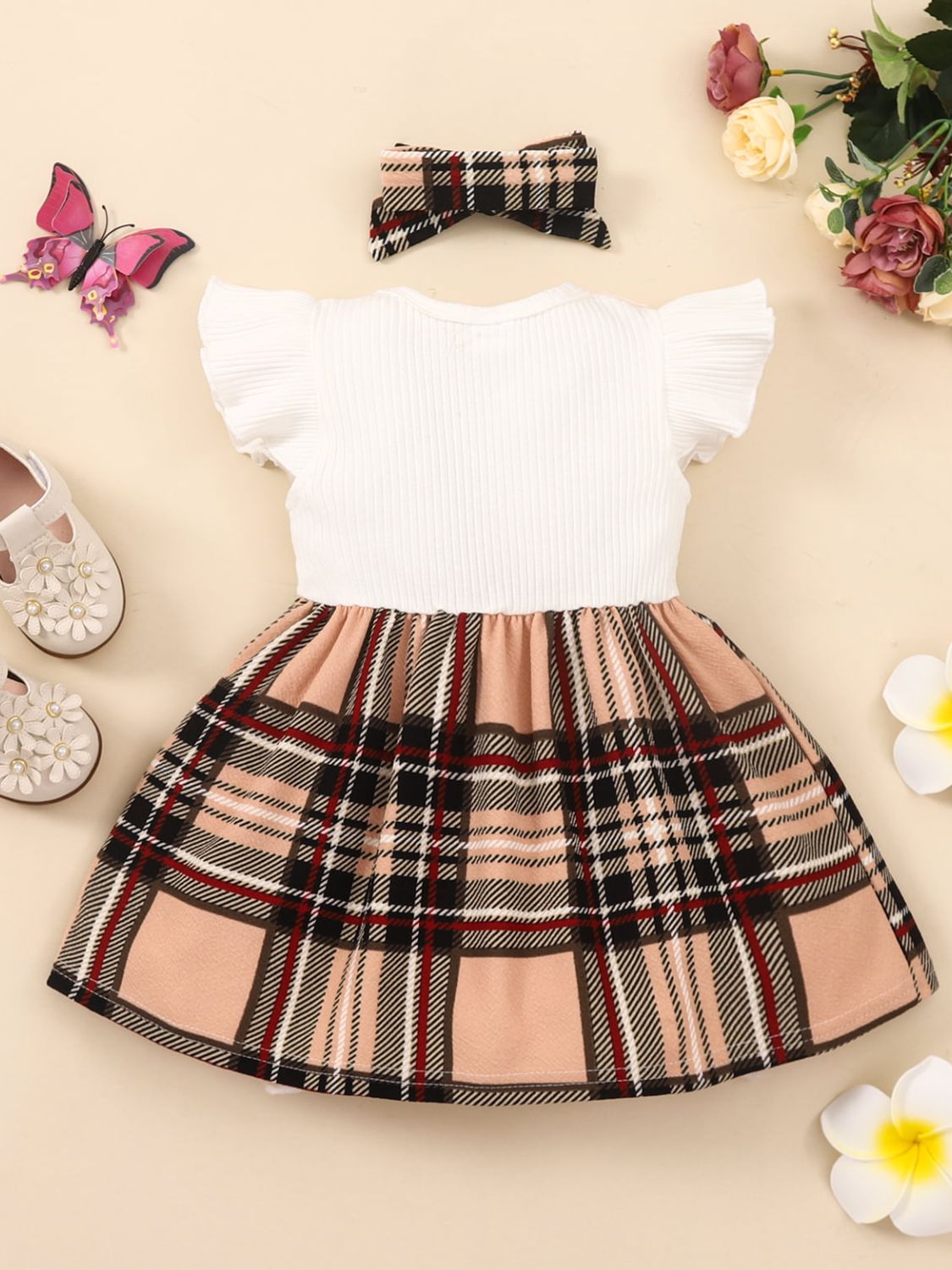 Girls Plaid Bow Detail Ribbed Dress