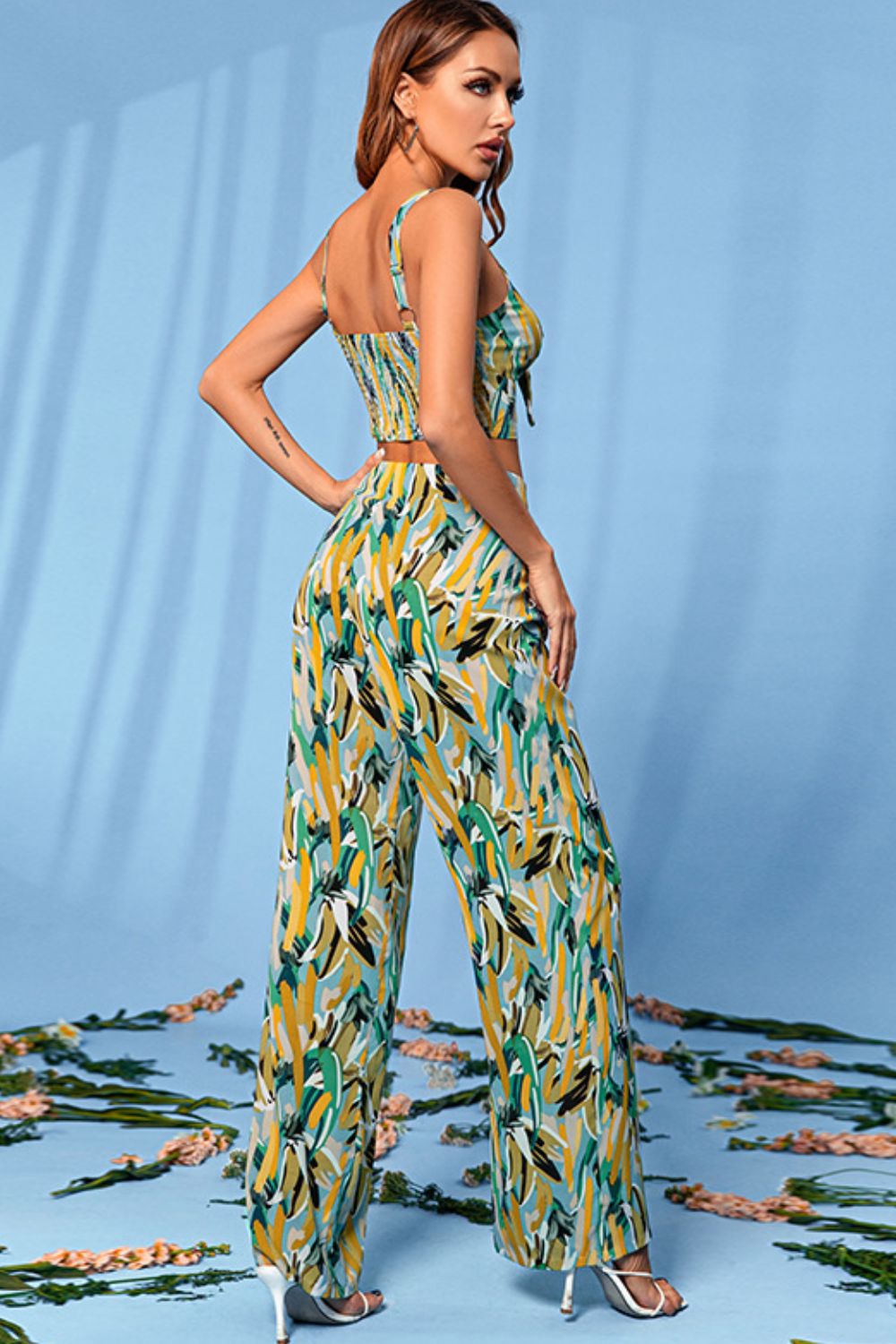 Printed Tie-Front Bralette and Wide Leg Pants Set