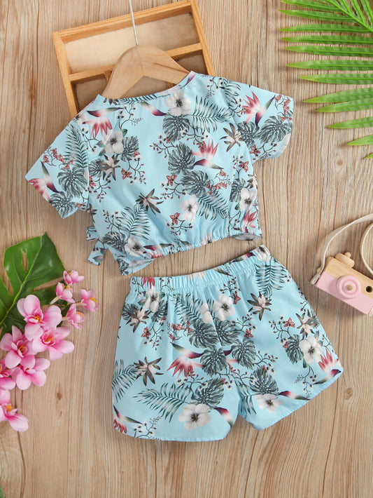 Girls Floral V-Neck Tee and Shorts Set