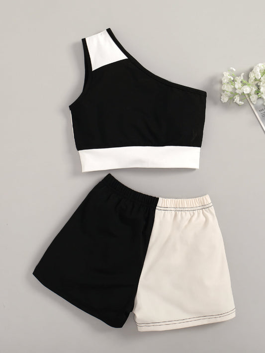 Girls Tricolor One-Shoulder Tank and Shorts Set