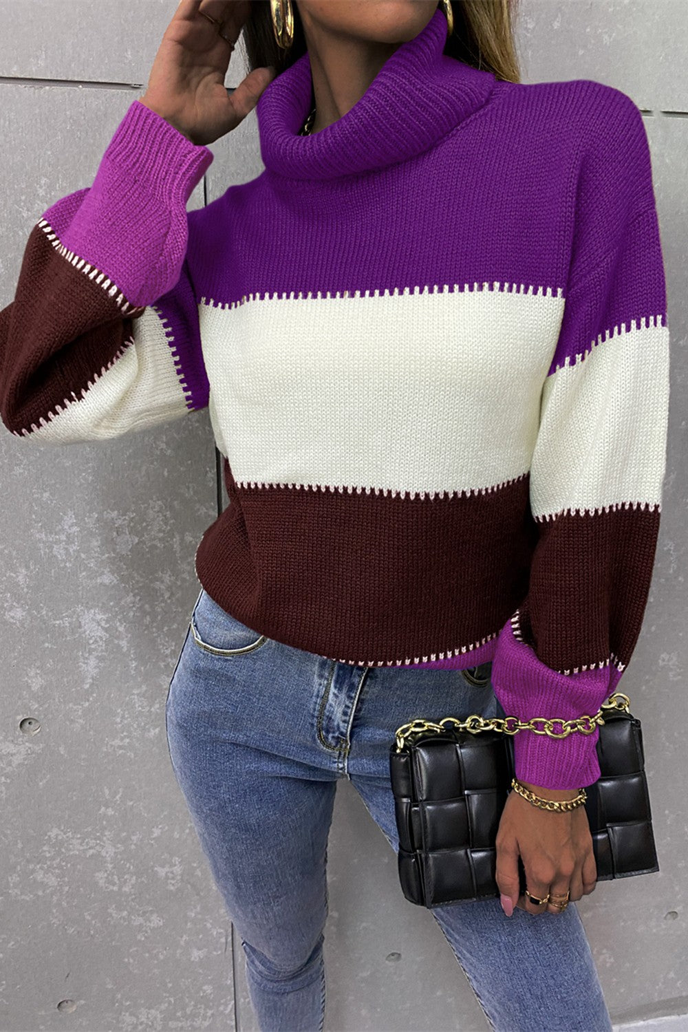 Color Block Lantern Sleeve Turtleneck Sweater