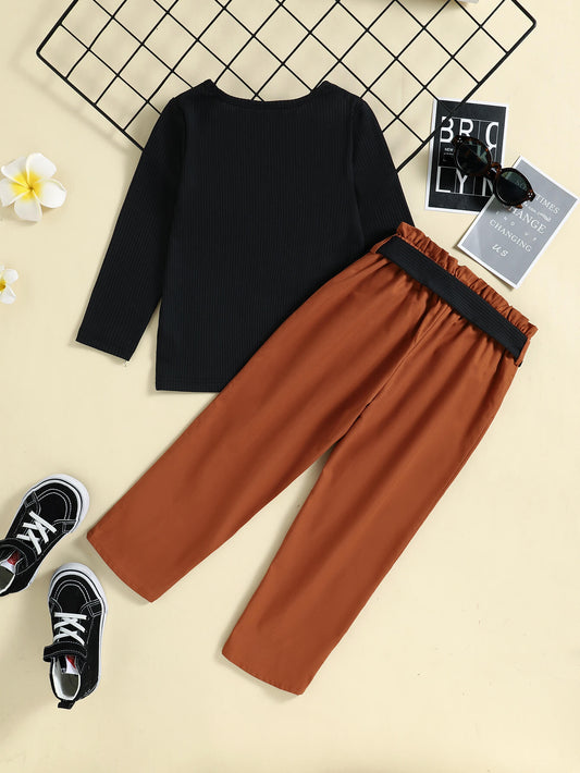 Kids Cutout Ribbed Top and Pants Set with Belt Bag