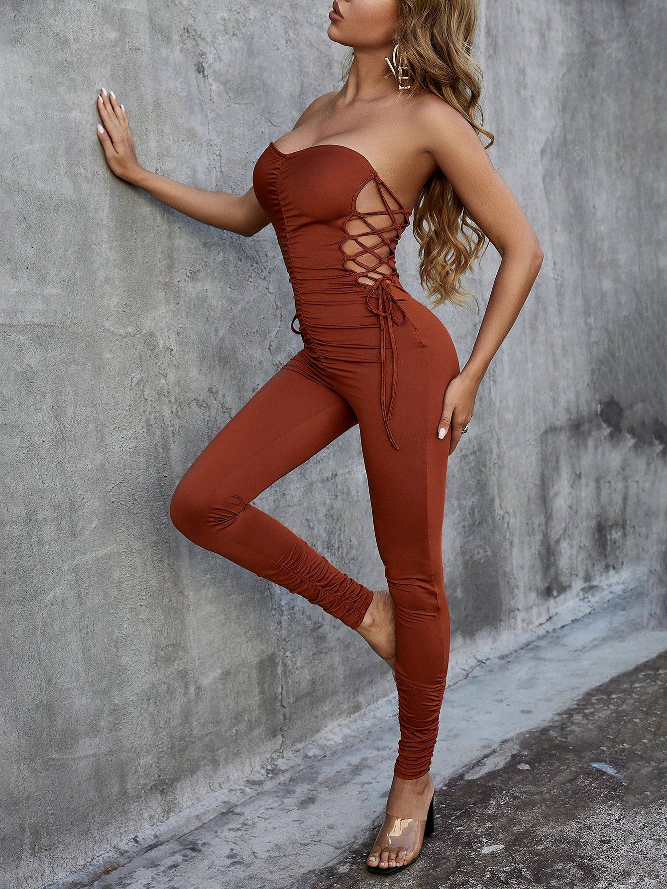 Lace Up Strapless Ruched Jumpsuit