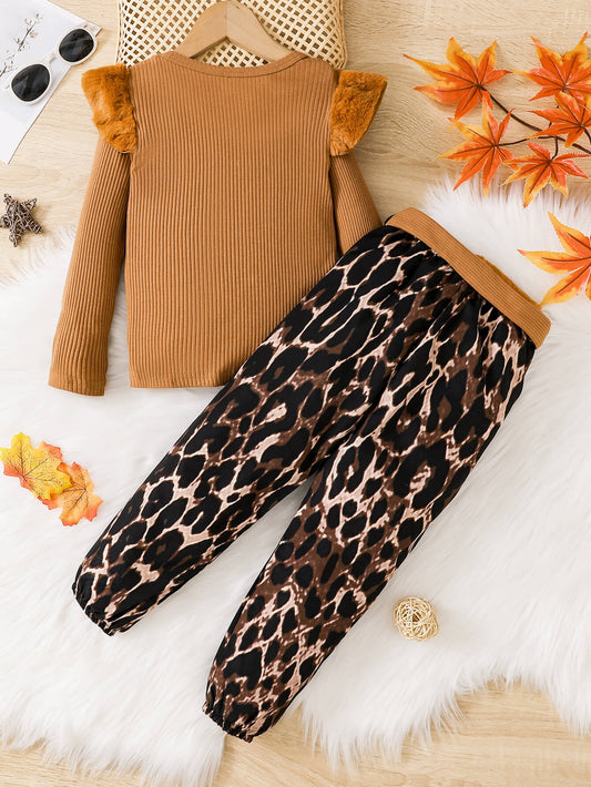 Kids Faux Fur Trim Rib-Knit Top and Printed Joggers Set