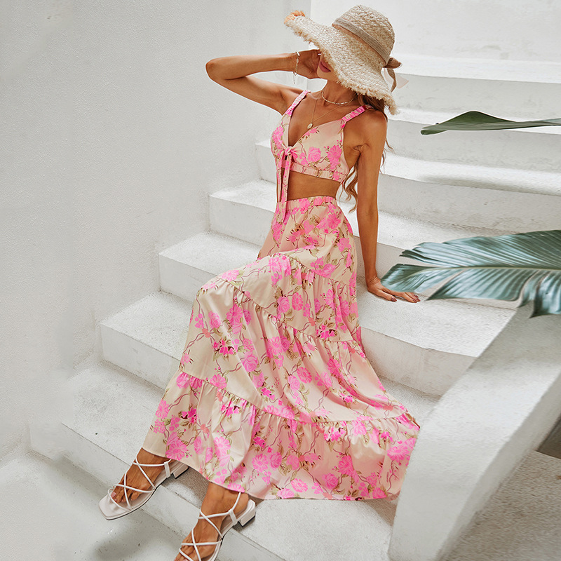 Sexy Floral Front Tie Bralette and Tiered Maxi Swing Skirt Set