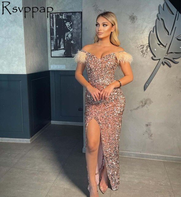 Feathers Off The Shoulder Gold Formal Gowns